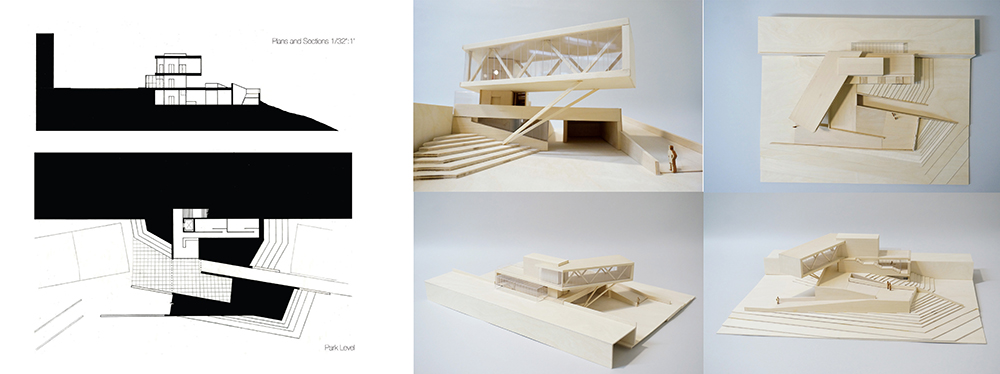 A sketch and photos of an architectural model of a modern structure