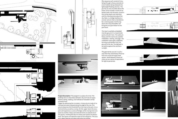 Images photo, and sketches of architectural models of modern structures, with text