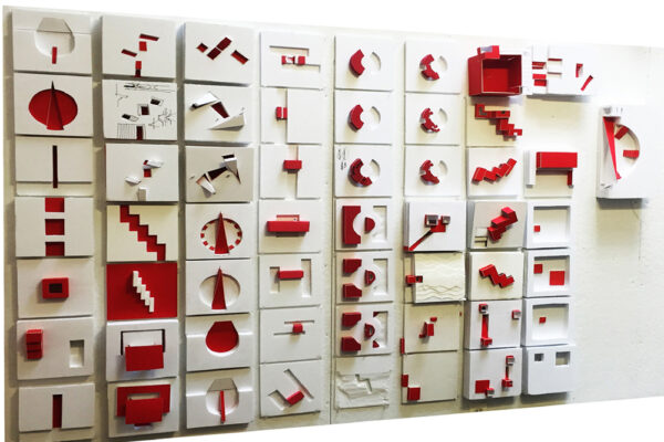 A photo of an architectural display of over 50 structures