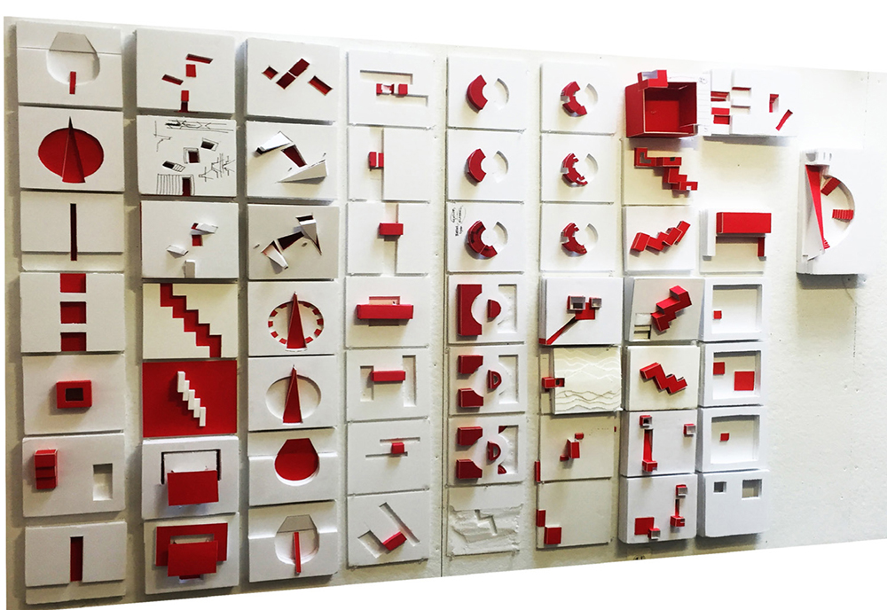 A photo of an architectural display of over 50 structures