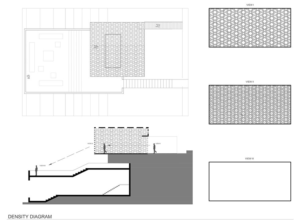 Overhead and cross-sectional drawings of a cantilevered structure