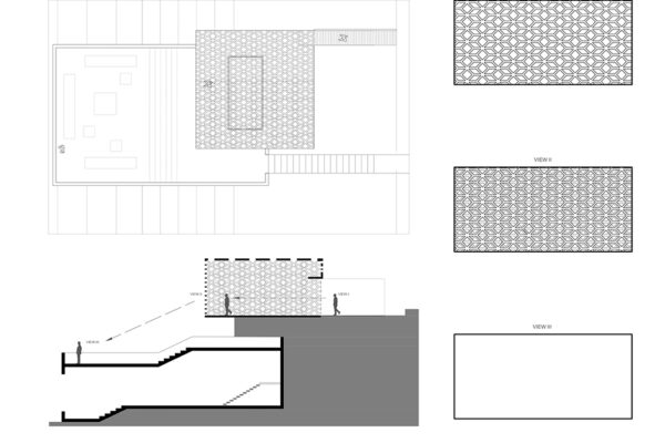 Overhead and cross-sectional drawings of a cantilevered structure