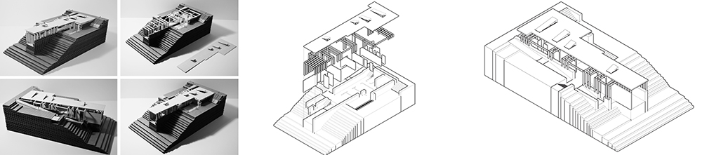Photos and sketches of an architectural model of a modern structure