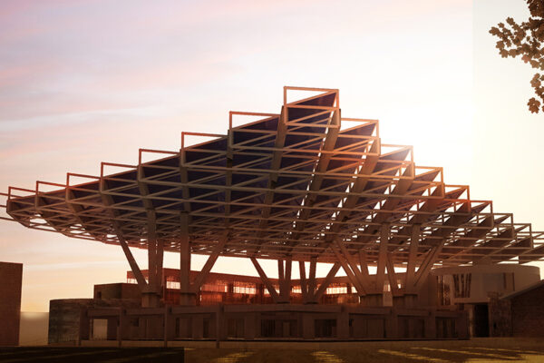 Live Building Architecture featuring a diagonally strutted, inward-leaning column system.