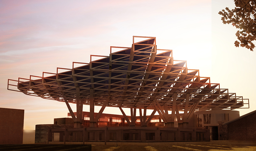 An architectural rendering of a building with a diagonally strutted, inward-leaning column system, with an artistic sky behind in faint purples and rose colors.