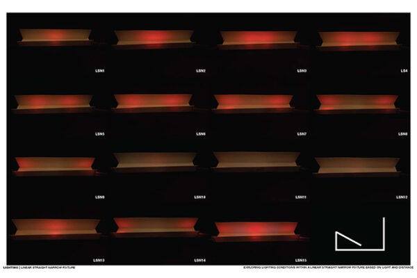The image of a series of fifteen lighting tests for a linear straight narrow fixture