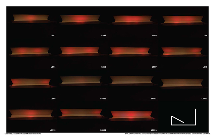 The image of a series of fifteen lighting tests for a linear straight narrow fixture