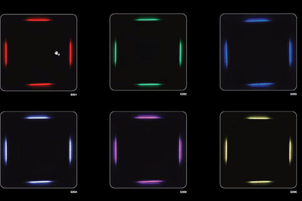 A series of six abstract, dark backgrounds featuring glowing, colored outlines