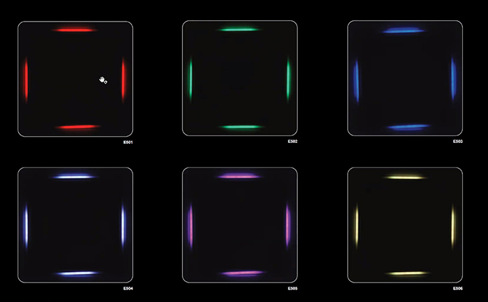 A series of six abstract, dark backgrounds featuring glowing, colored outlines