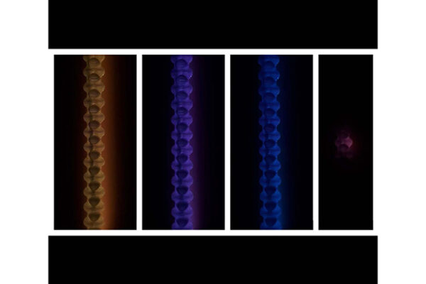 Four images of displays of illuminated, translucent, segmented objects, possibly a string of lights or a decorative chain.