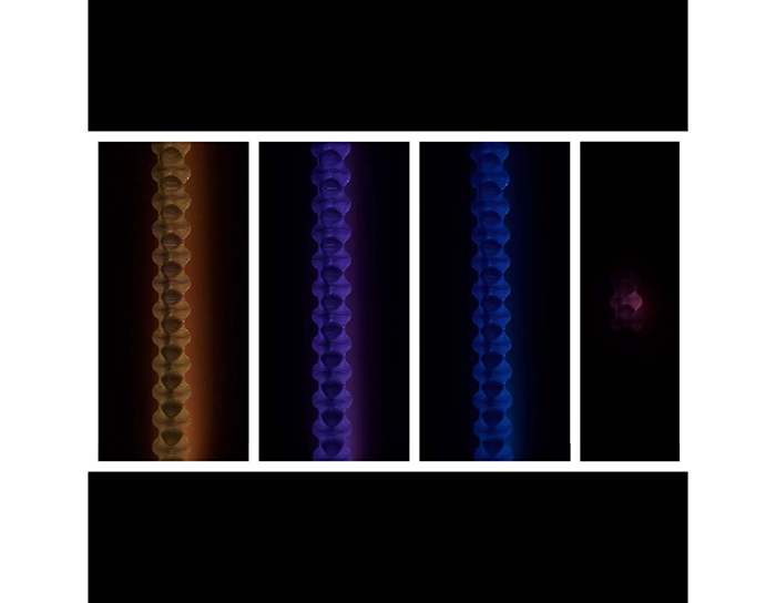 Four images of displays of illuminated, translucent, segmented objects, possibly a string of lights or a decorative chain.