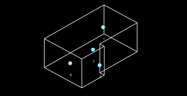 An animation showing emanation in dots on a black background from three sources in a building space.