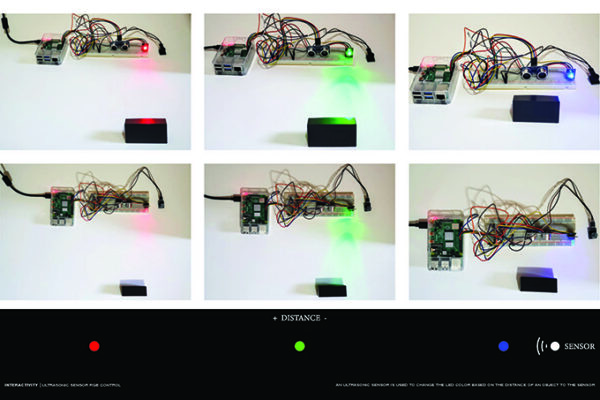 Six photos of an electronics project using an ultrasonic sensor to create an interactive system.