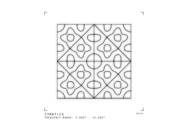 A line drawing in black and white of a diamond withing a square filled with symmetrical curved shapes.