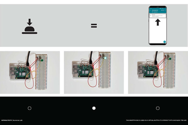Four photos of an electronics project using a virtual button on a smartphone.
