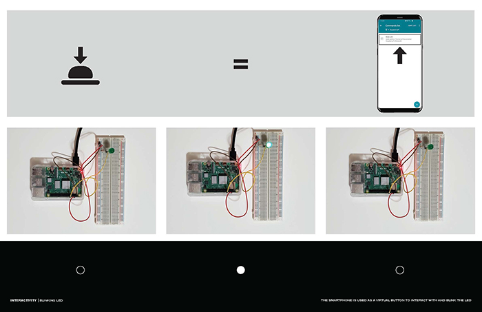 Four photos of an electronics project using a virtual button on a smartphone.