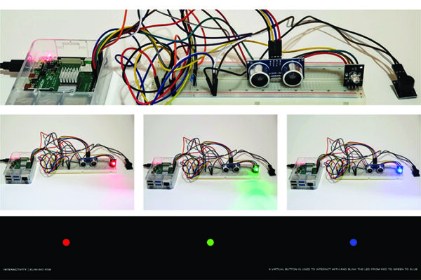 Four photos of an electronics project using an ultrasonic sensor to create an interactive system.