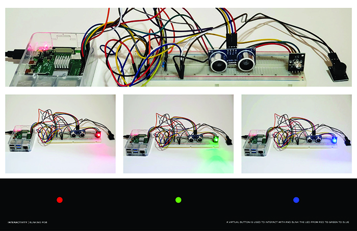 Four photos of an electronics project using an ultrasonic sensor to create an interactive system.
