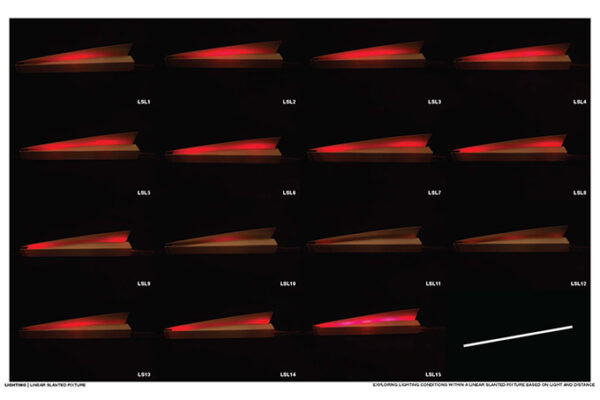 The image of a series of fifteen lighting tests for a linear straight narrow fixture