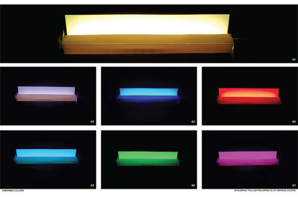 Seven images showing an exploration of various lighting effects and colors, using an LED display.