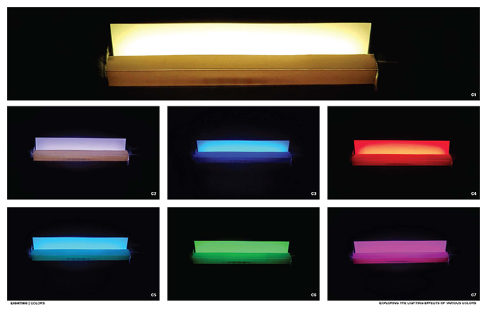 Seven images showing an exploration of various lighting effects and colors, using an LED display.