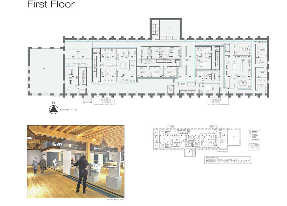 An architectural floorplan and a rendering of a building's first floor. An inset photo shows an interior view with people walking through a modern, open-plan space with wooden floors and exposed beams.