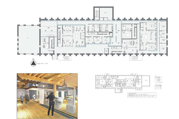 An architectural floorplan and a rendering of a building's first floor. An inset photo shows an interior view with people walking through a modern, open-plan space with wooden floors and exposed beams.