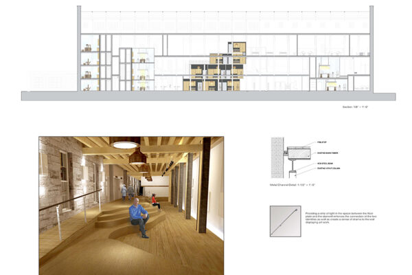 Architectural drawings and a rendering of an interior space. The lighting design in the second-floor gallery entry uses a strip of light in the space between the floor and ceiling to highlight a wall displaying artwork.