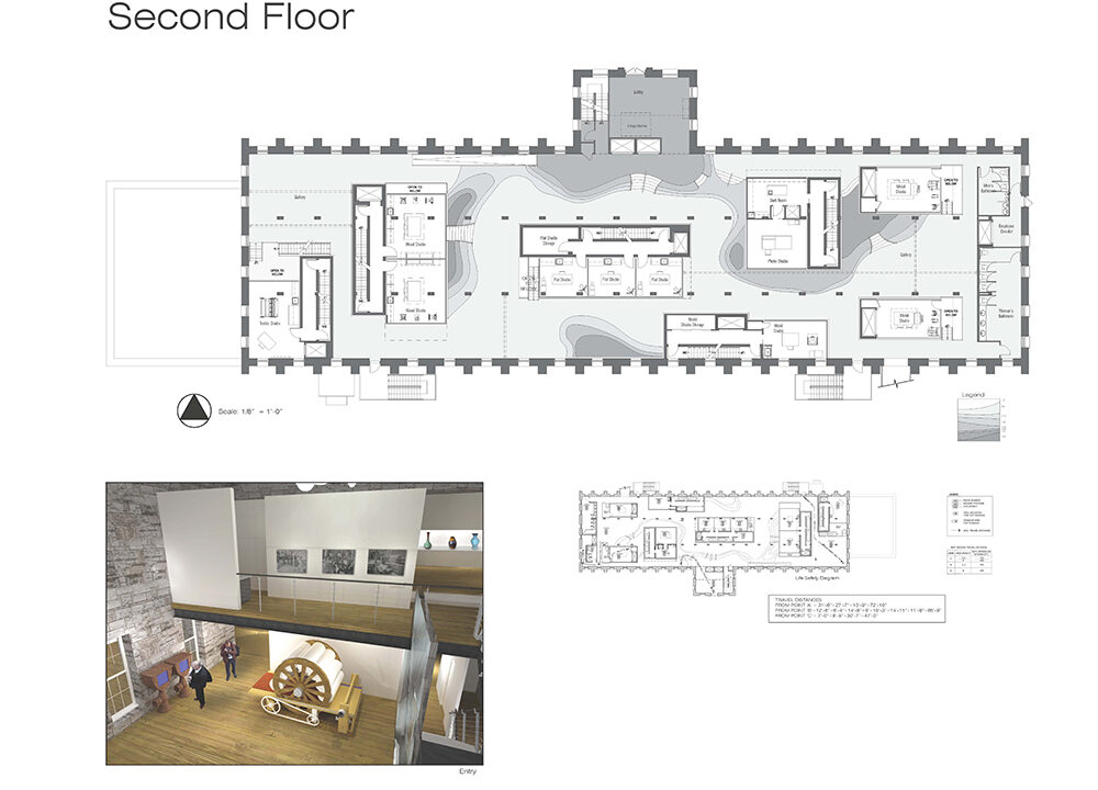 Architectural plans and a rendering for a "Second Floor" design project. A smaller image shows a rendering of an interior space with a large, wheeled, decorative object. Student: Amanda Dorazio Semester: Spring 2011