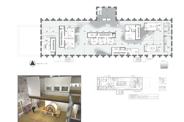 Architectural plans and a rendering for a "Second Floor" design project. A smaller image shows a rendering of an interior space with a large, wheeled, decorative object. Student: Amanda Dorazio Semester: Spring 2011