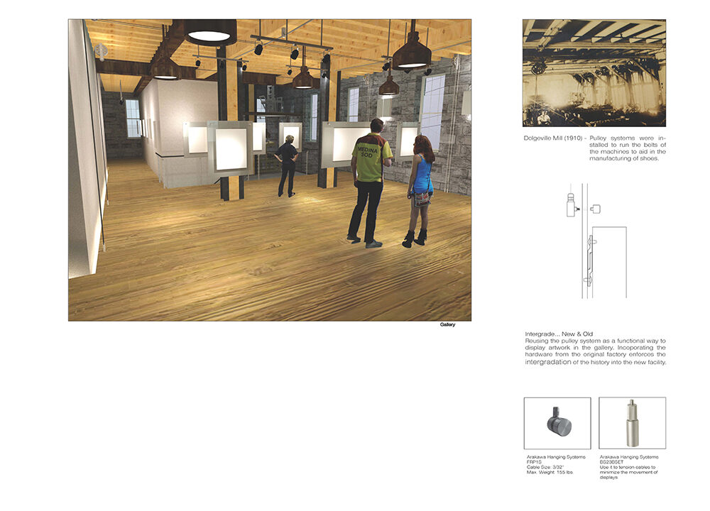 A render of an art gallery, emphasizing the blending of old and new elements through the reuse of original industrial hardware.