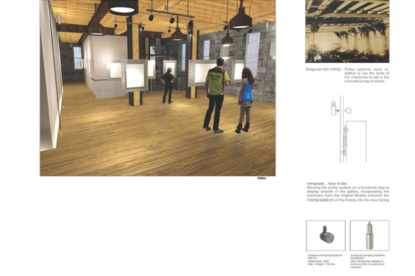 A render of an art gallery, emphasizing the blending of old and new elements through the reuse of original industrial hardware.