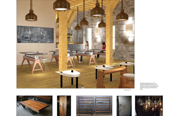 A design proposal for a classroom or studio space that incorporates reclaimed materials from an old wood building.