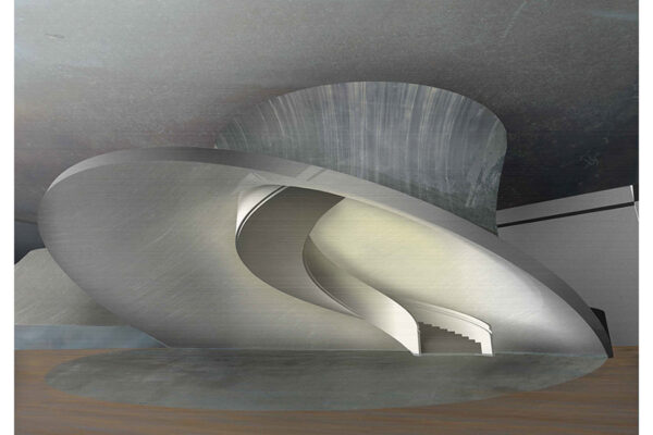 An artistic rendering of the proposed design for a public structure, perhaps a museum.