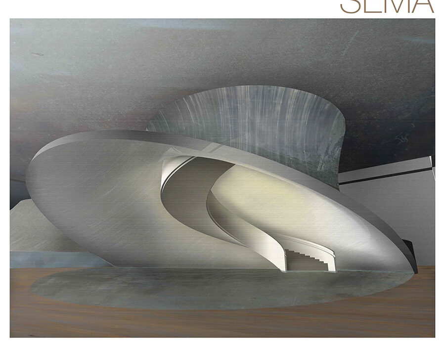 An artistic rendering of the proposed design for a public structure, perhaps a museum.