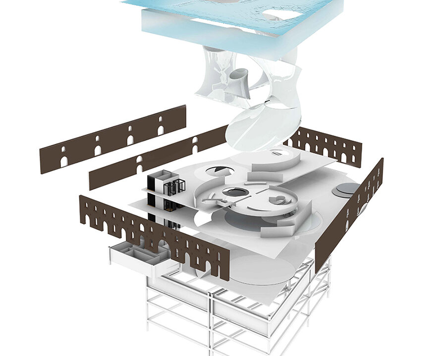 An architectural diagram or render showing an exploded view of a building's design, perhaps an exhibition space or a similar public building, featuring a distinctive, abstract roof structure and internal partitions.