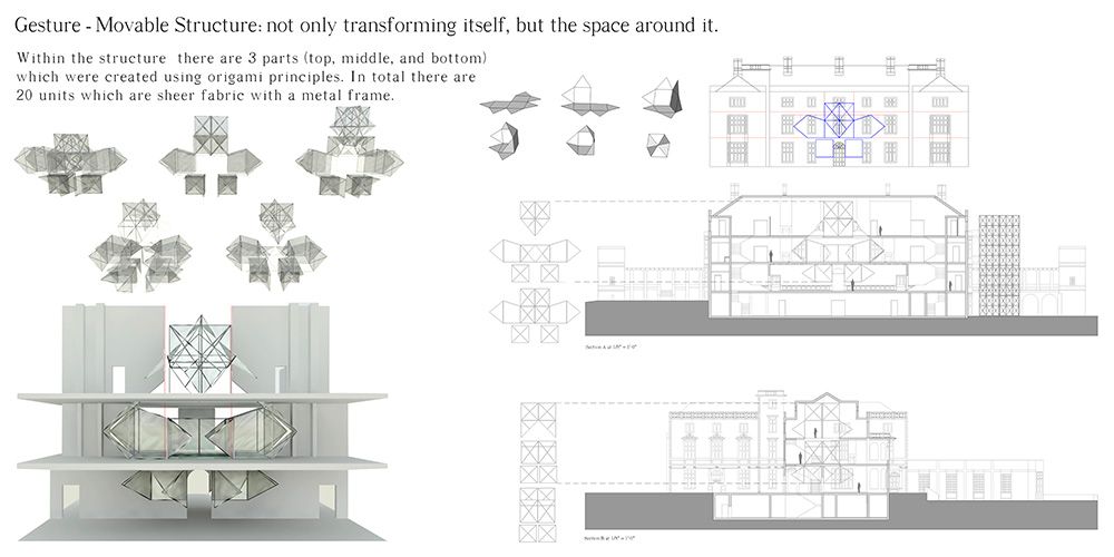 A render of a building using fabric with a metal frame. The design uses origami principles, which involves folding techniques to transform flat material into a finished sculpture.