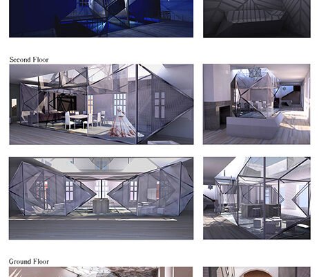 12 images showing an artistic installation in a large, white metal, three-story structure, featuring a geometric, web-like design.