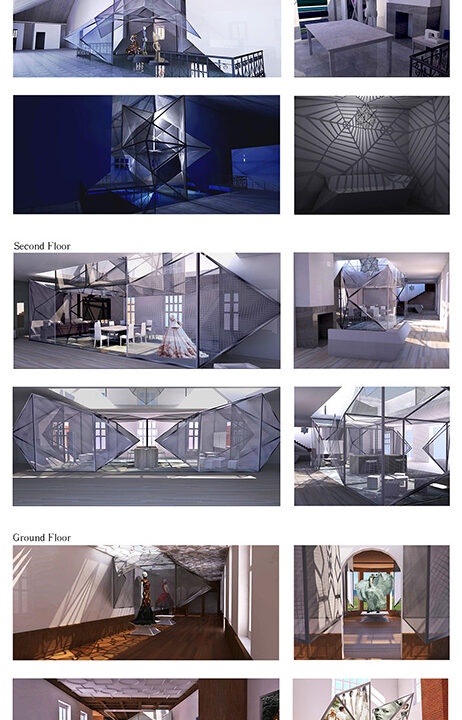 12 images showing an artistic installation in a large, white metal, three-story structure, featuring a geometric, web-like design.