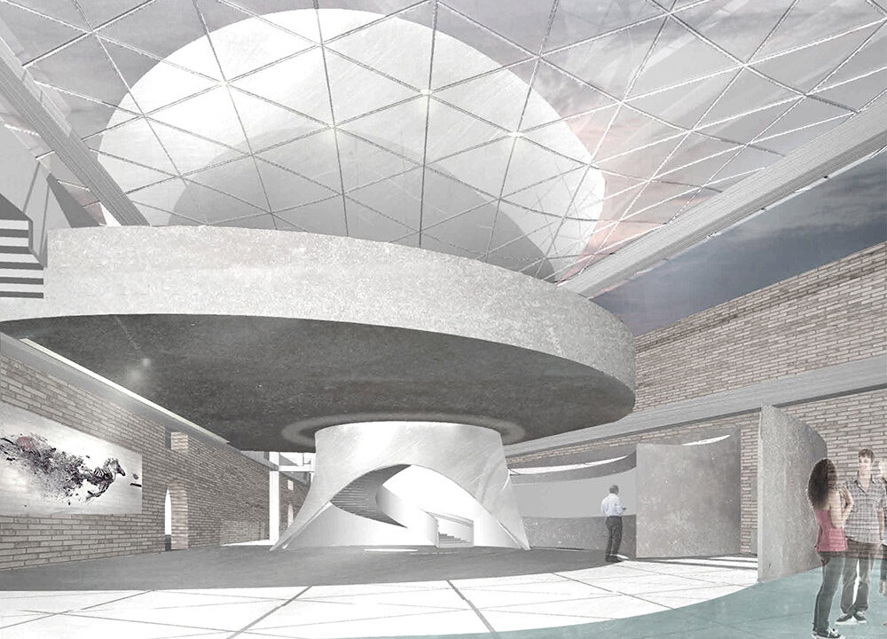 An architectural rendering of a proposed interior space. The image depicts a large, open atrium-like space featuring a prominent, circular concrete structure with a spiral staircase at its core and a large, geodesic-style dome ceiling.