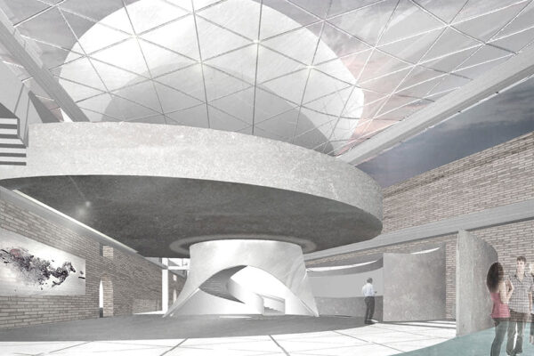 An architectural rendering of a proposed interior space. The image depicts a large, open atrium-like space featuring a prominent, circular concrete structure with a spiral staircase at its core and a large, geodesic-style dome ceiling.