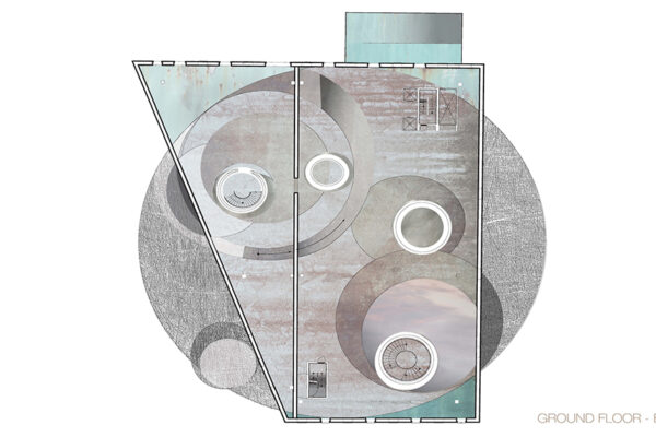 An architectural drawing of a floor plan. The drawing features abstract, overlapping circular and rectangular forms with textures.
