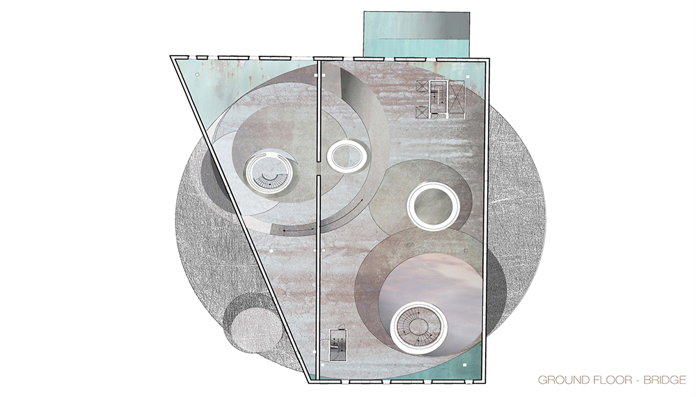 An architectural drawing of a floor plan. The drawing features abstract, overlapping circular and rectangular forms with textures.
