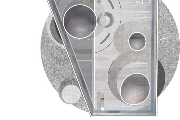 Enlarged view of an architectural drawing of a floor plan. The drawing features abstract, overlapping circular and rectangular forms with textures.