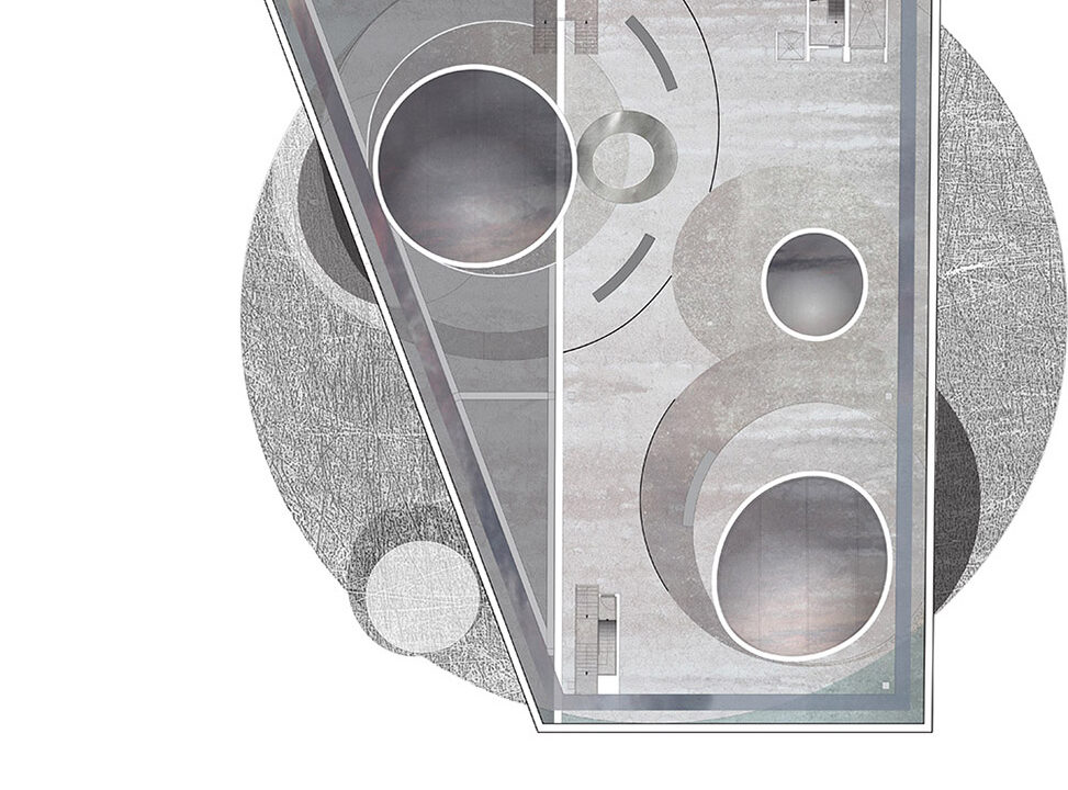 Enlarged view of an architectural drawing of a floor plan. The drawing features abstract, overlapping circular and rectangular forms with textures.