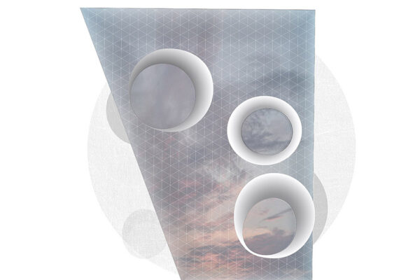 Upper view of an architectural drawing of a floor plan. The drawing features abstract, overlapping circular and rectangular forms with textures.