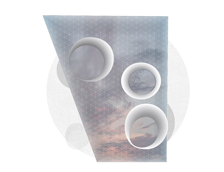 Upper view of an architectural drawing of a floor plan. The drawing features abstract, overlapping circular and rectangular forms with textures.