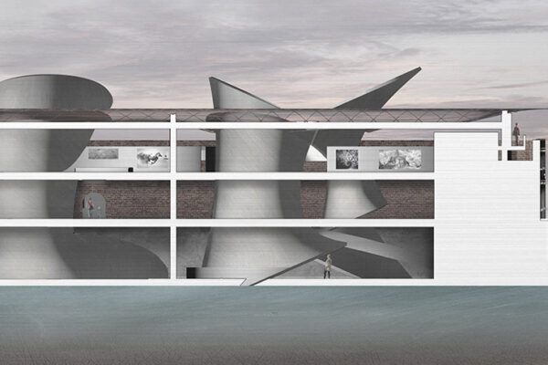 Cross section view of a multi-floor plan. The drawing features abstract, overlapping circular and rectangular forms with textures.