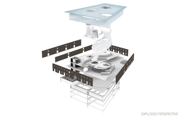 An "exploded perspective" architectural concept for a permanent public artwork, featuring an architecture of reflection and light, with walls that open to the sky.