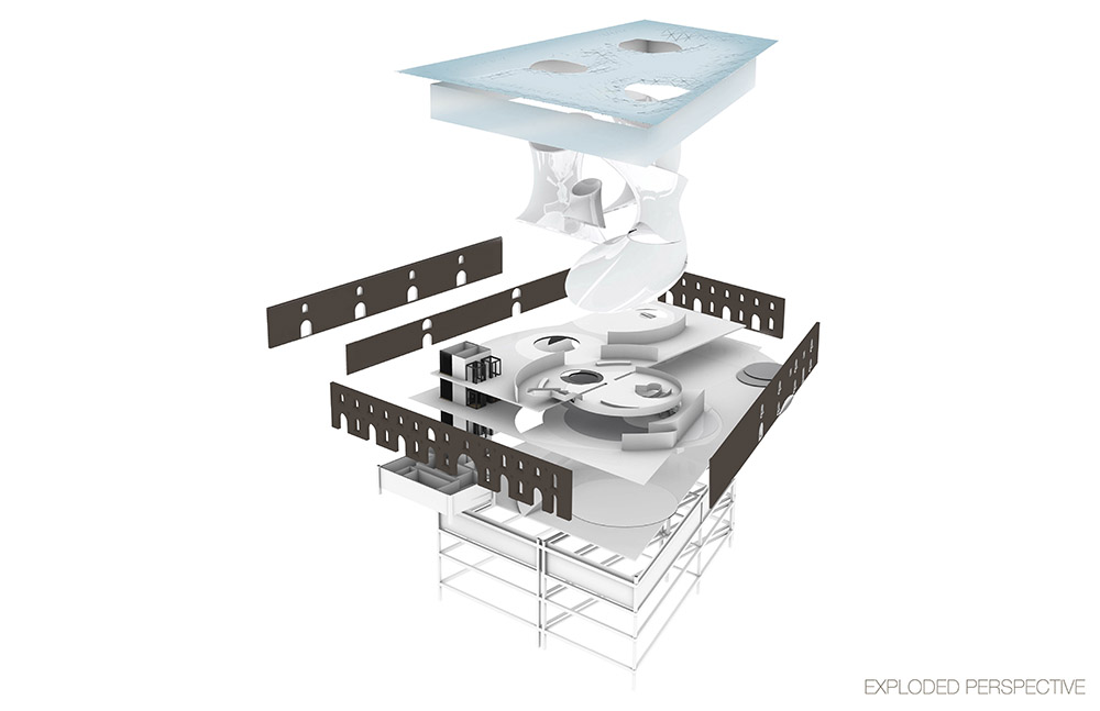 An "exploded perspective" architectural concept for a permanent public artwork, featuring an architecture of reflection and light, with walls that open to the sky.